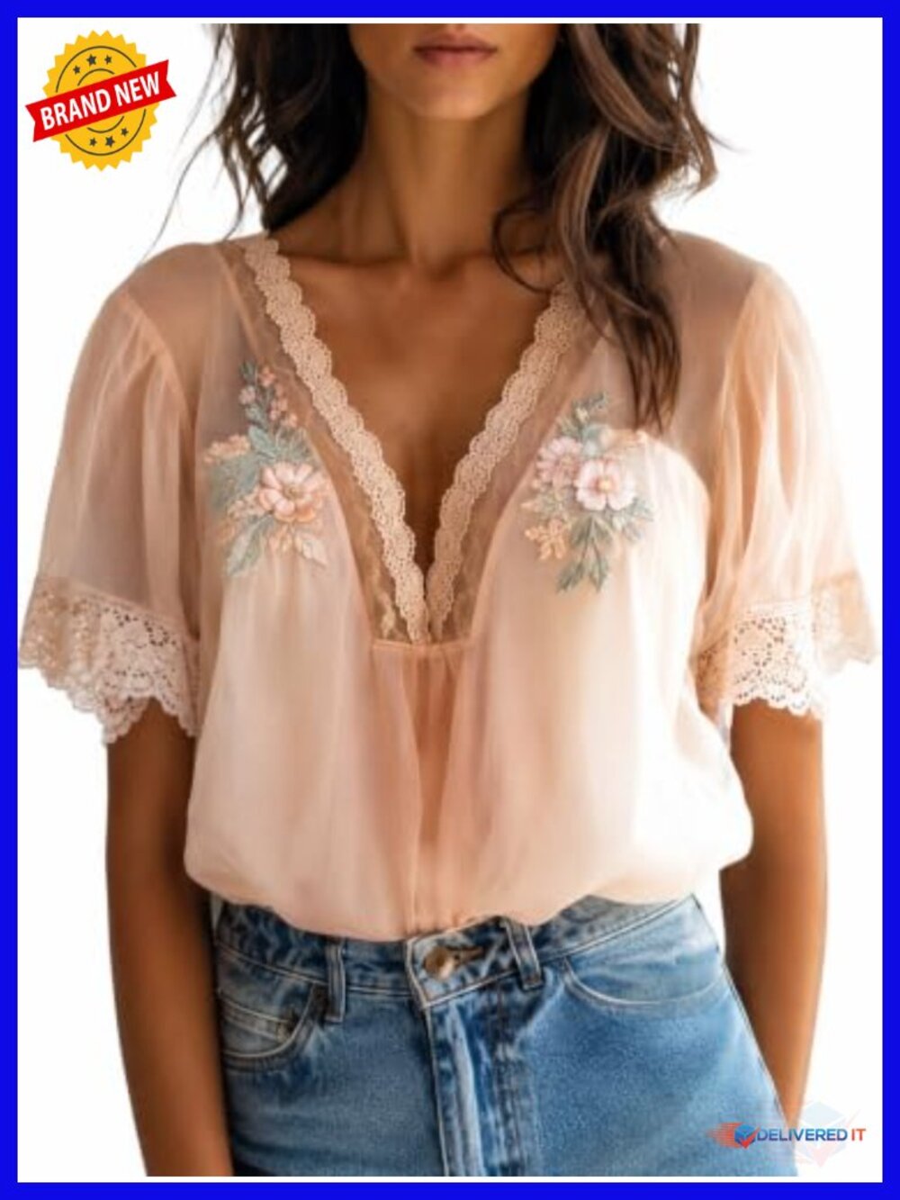 Women's Boho Floral Embroidered Chiffon Blouse Lace V Neck Casual Top